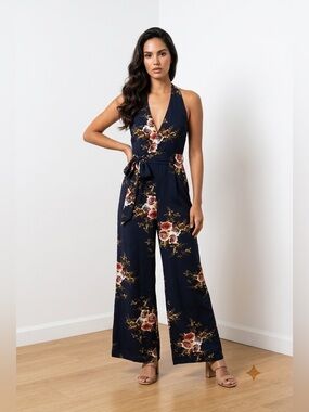Navy Floral Wrap Jumpsuit with Tie Waist